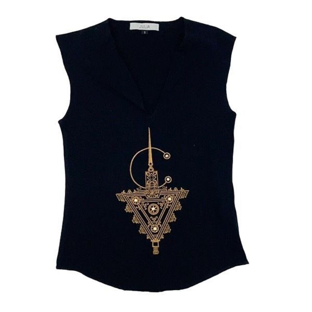 Julia Womens‎ Split Neck Embroidered Tazerzit Fibula Tank Top Black Small NWOT